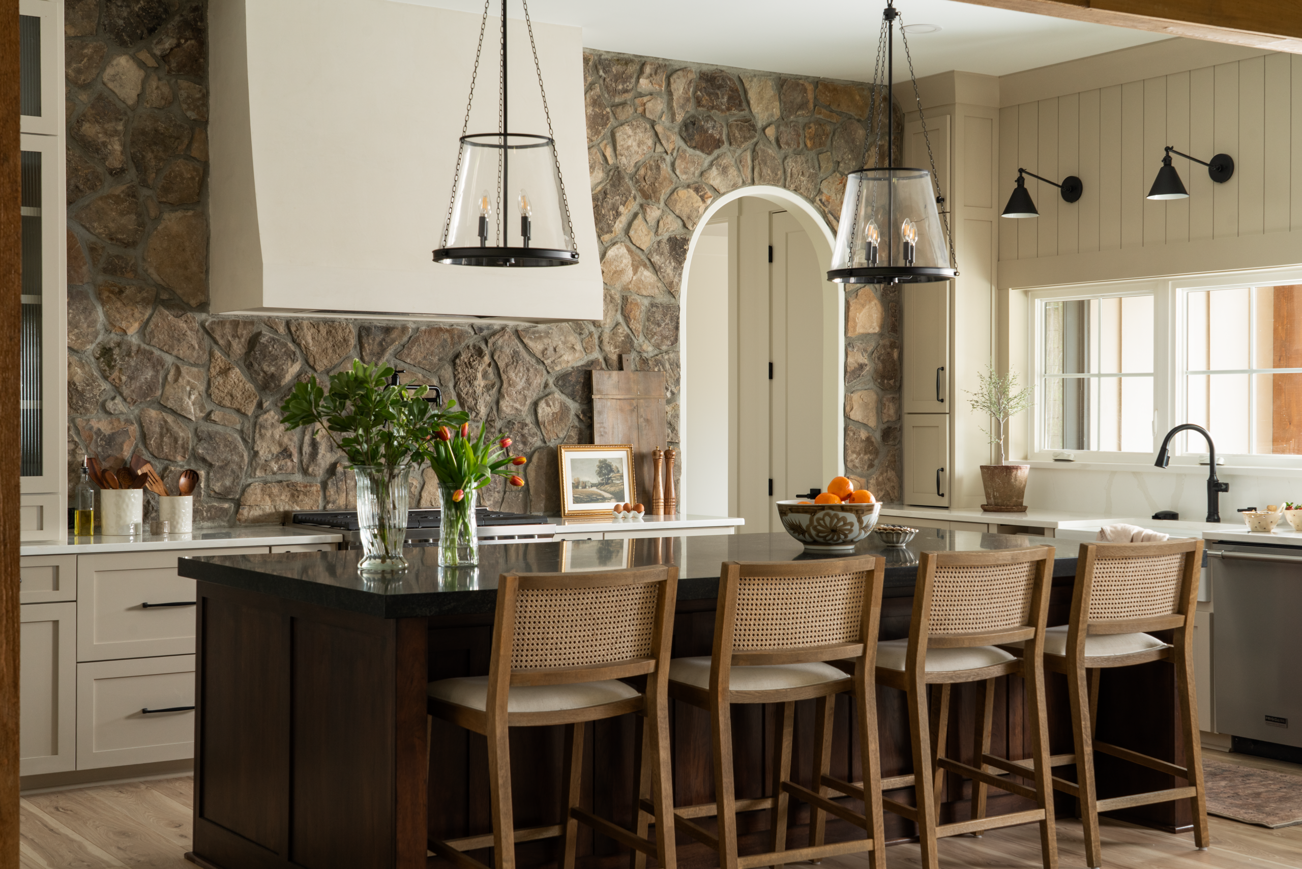 Modern kitchen with stone accents