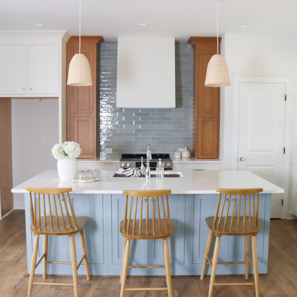 Blue island cabinet with modern lighting designed by The highpoint House, Kitchen in Baker Build Midddlesex NC