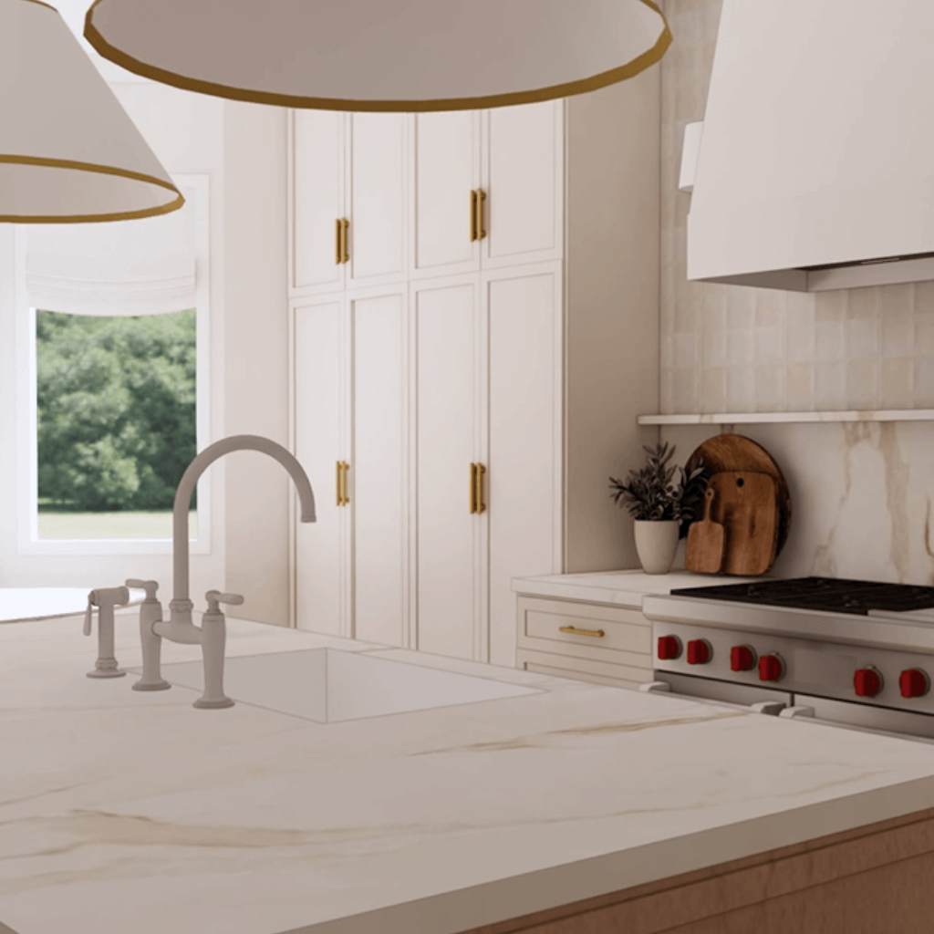 white counters with wood and gold cabinet accents