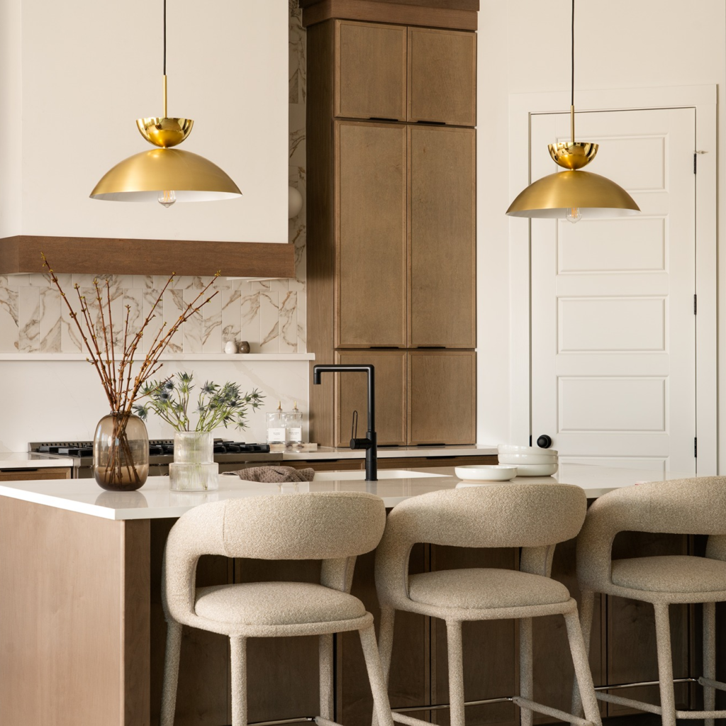 kitchen designed with wood and gold accents